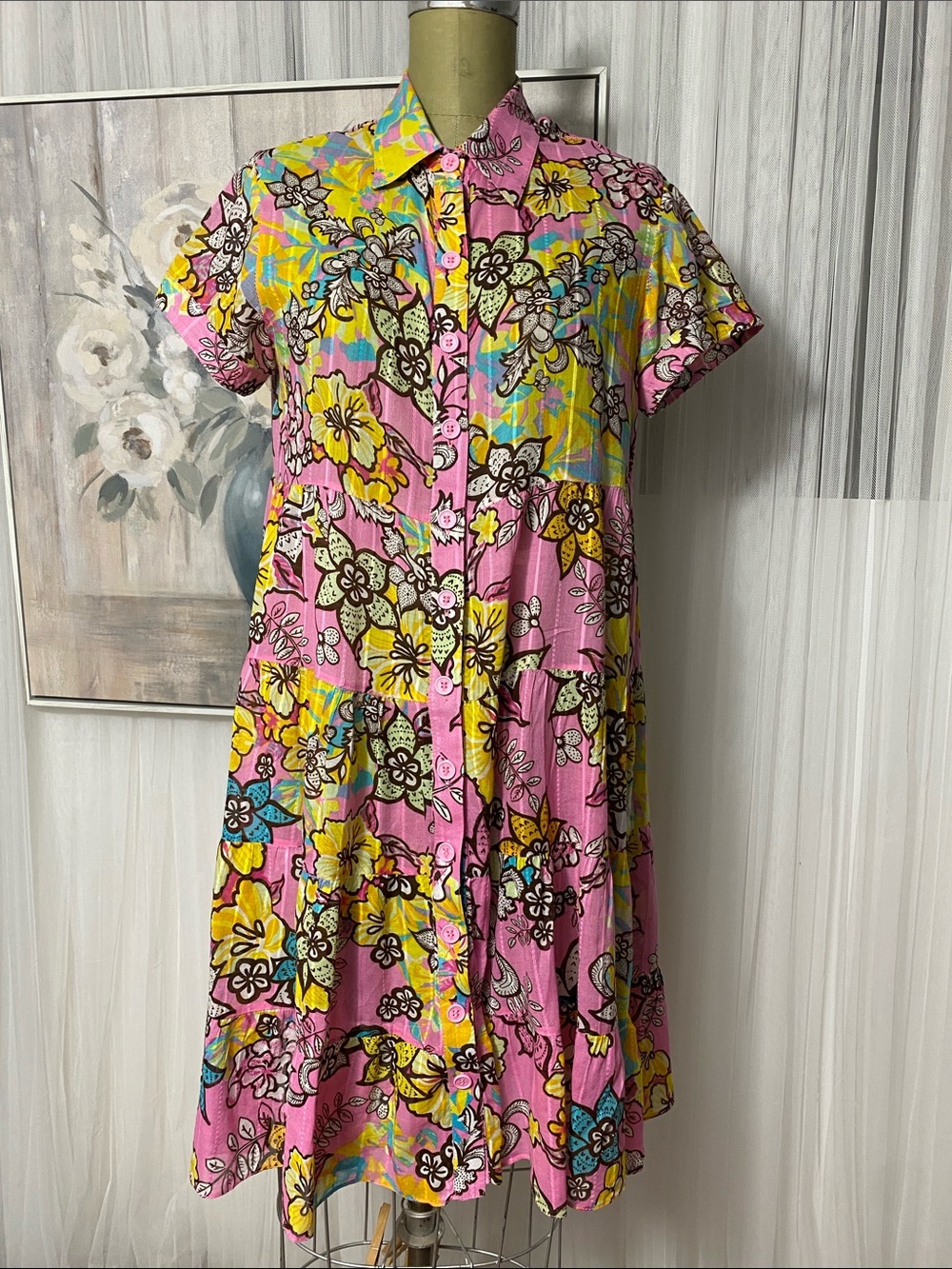 Bright Pink Floral Button‑Front Women’s Dress by Porlfio Made in Brazil 🇧🇷 Lrg